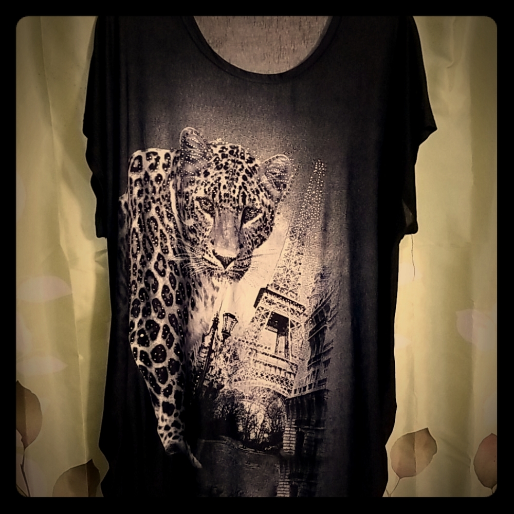 Black Rhinestoned Leopard Top